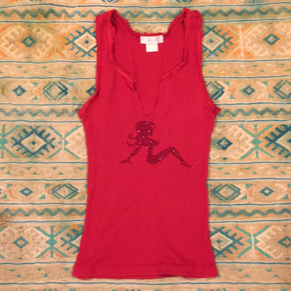 Fitted red ribbed tank rhinestone trucker girl